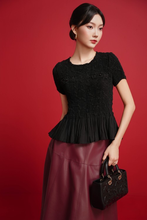 Sixdo Black Ruched Peal Woven Blouse